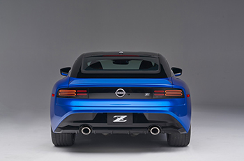 rear view of a blue nissan z