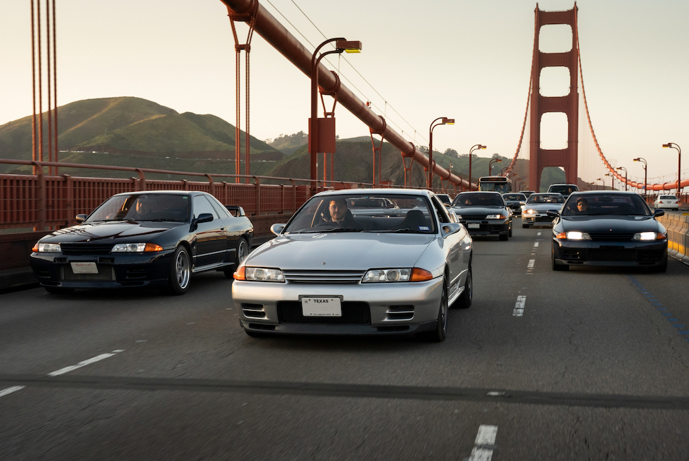 Breathtaking group shot of GT-Rs on the Golden Gate Bridge