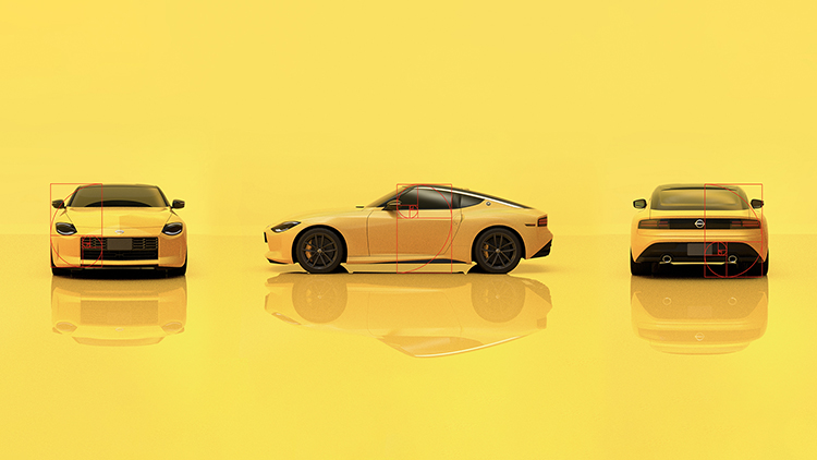 yellow nissan z represented by the golden ratio