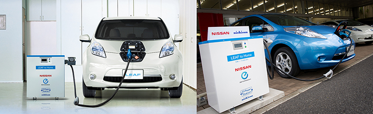 Two images displaying Nissan's Vehicle-to-Home system
