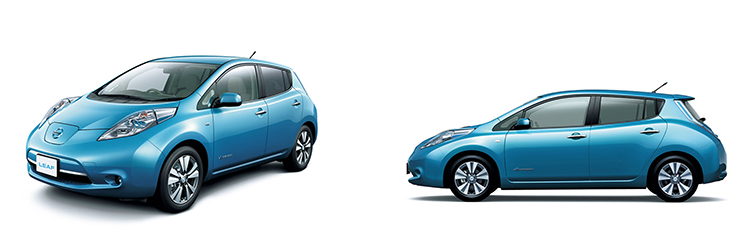 Two images of a blue Nissan LEAF
